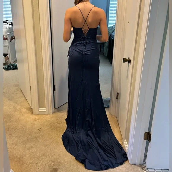 Dark blue satin formal dress with slit on side (size small) - Picture 2 of 5